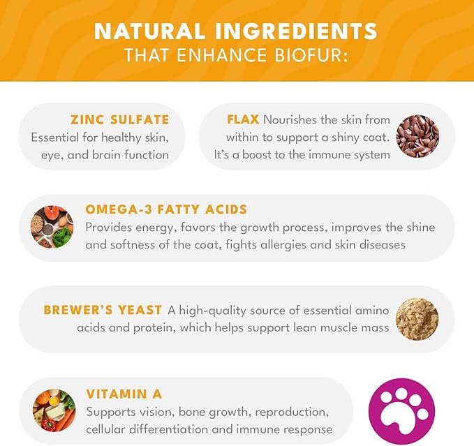BIOFUR: Omega 3 Supplement for Cats & Dogs - Puppy Essentials & Dog Allergy Relief - Vitamins, Minerals for Feline & Canine Skin, Coat Health, Nutrition, Well-Being, Orange-PawvioPets