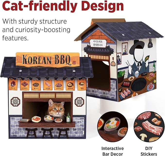 Cat Beds for Indoor Cats, Cardboard Cat House with Scratchers, Korean BBQ, Large Sturdy Cat Furniture Condo Cave Tent, Easy to Assemble Pet Toys Accessories Stuffs, Bunny Small Animals-PawvioPets