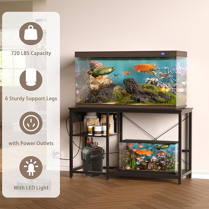 50-75 Gallon Fish Tank Stand with Power Outlet & LED Light, Metal Aquarium Stand with 3 Tier Adjustable Storage Shelves, Tank Stand for Reptile Tank, Turtle Tank, 52" L*19.5" W, Black-PawvioPets