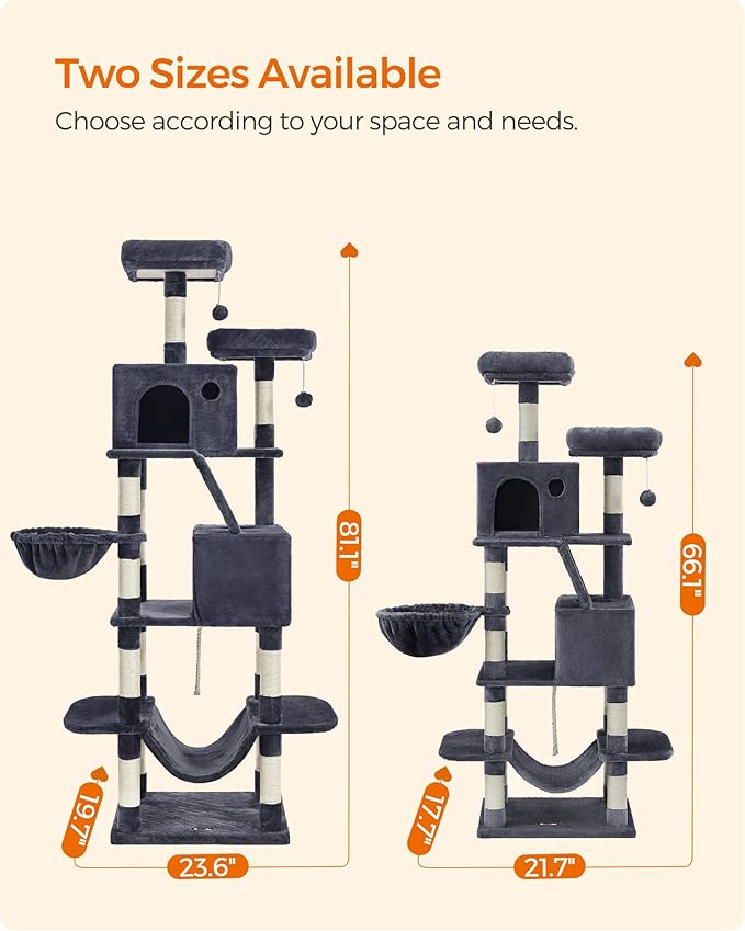 Feandrea Cat Tree, 81.1-Inch Large Cat Tower with 13 Scratching Posts, 2 Perches, 2 Caves, Basket, Hammock, Pompoms, Multi-Level Plush Cat Condo for Indoor Cats, Smoky Gray UPCT190G01-PawvioPets