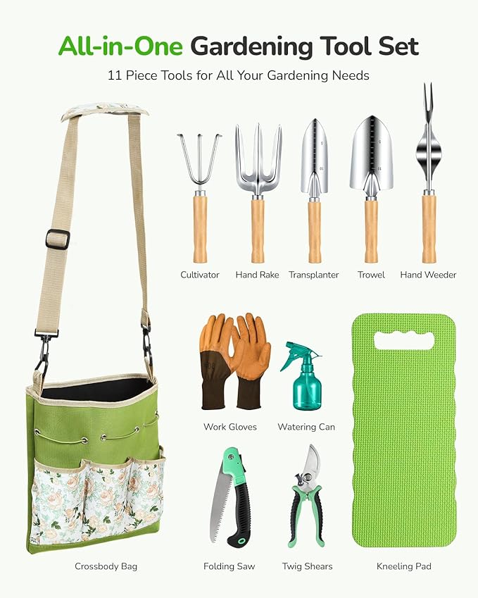All-in-One Garden Tool Set, 11-Piece Heavy Duty Gardening Tools with Ergonomic Canvas Shoulder Crossbody Bag, Rust-Proof Premium Garden Tool Kit, Gardening Gift for Women Men, Green, GR003-PawvioPets