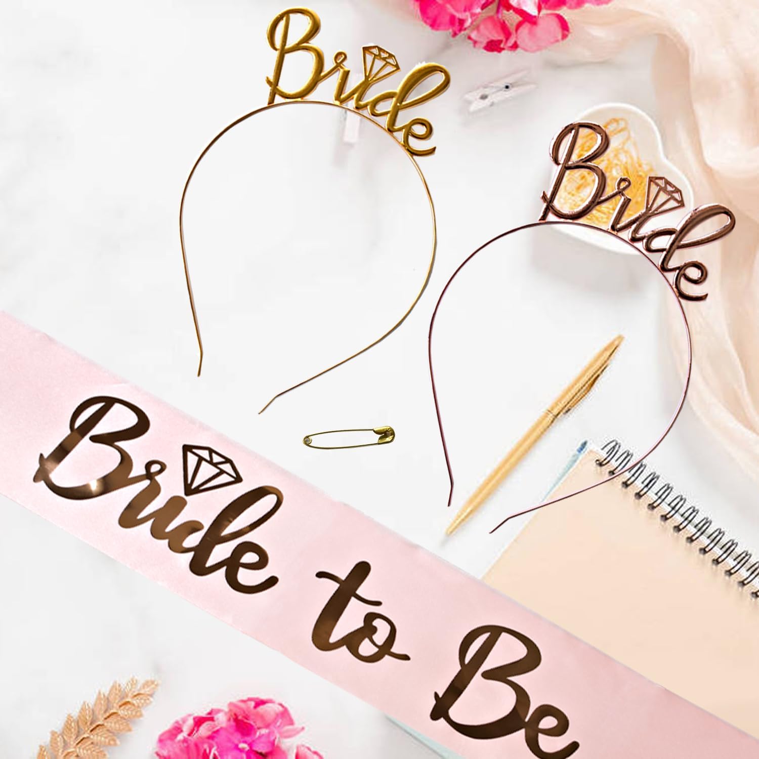 3 Pack Bride to Be Decorations Set, Bride to Be Sash, White Bride Veil, Bride Headband Tiara for Bachelorette Party Bridal Shower Decoration(White with Gold)