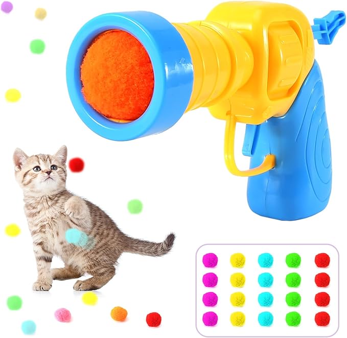 21Pcs Cat Ball Toy Launcher - Includes 20 Colorful Plush Cat Balls and Exciting Launcher Set，Funny Interactive Cat Toys for Bored Indoor Adult Cats, Cute Kitten Kitty Toys-PawvioPets
