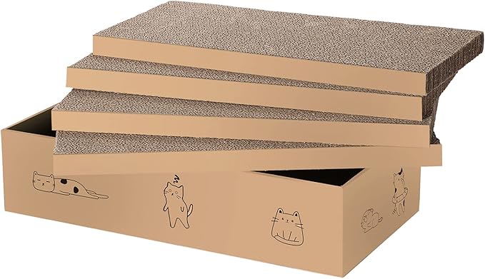 4 Packs in 1 Cat Scratch Pad with Box, Cat Scratcher Cardboard,Reversible,Durable Recyclable Cardboard, Suitable for Cats to Rest, Grind Claws and Play with Scratch Box-PawvioPets