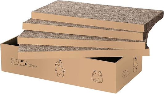 4 Packs in 1 Cat Scratch Pad with Box, Cat Scratcher Cardboard,Reversible,Durable Recyclable Cardboard, Suitable for Cats to Rest, Grind Claws and Play with Scratch Box-PawvioPets