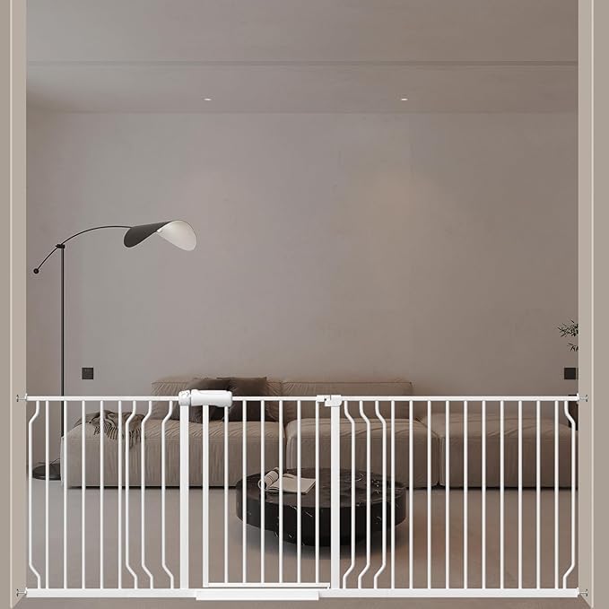 ALLAIBB Extra Wide Pressure Mounted Baby Gate Walk Through Child Kids Safety Toddler Tension White Long Large Pet Dog Gates with Extension for doorways Kitchen (71.65-85.03"/182-218cm, White)-PawvioPets