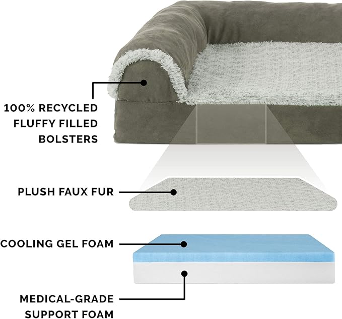 Furhaven Cooling Gel Dog Bed for Large/Medium Dogs w/ Removable Bolsters & Washable Cover, For Dogs Up to 55 lbs - Two-Tone Plush Faux Fur & Suede L Shaped Chaise - Dark Sage, Large-PawvioPets
