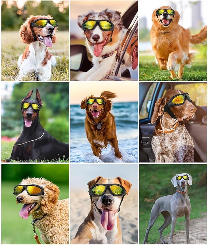 Dog Goggles Large Breed, UV Protection Dog Sunglasses with Sponge Pad and Adjustable Strap, Windproof Dustproof Anti-Fog Eye Protection Glasses for Outdoor Driving Riding, Black-PawvioPets