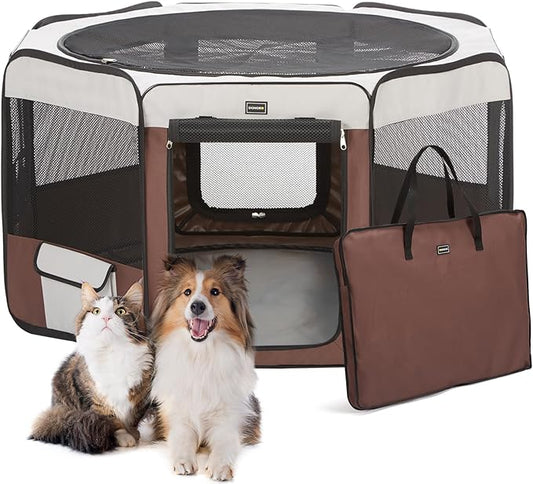 DONORO Dog Playpen 46" Portable Pet Play Pens for Small Medium Dogs, Foldable Exercise Kennel Tent Crate Indoor/Outdoor Travel Camping, Removable Top/Bottom (Brown, Large (46"x46"x23"), 8)-PawvioPets