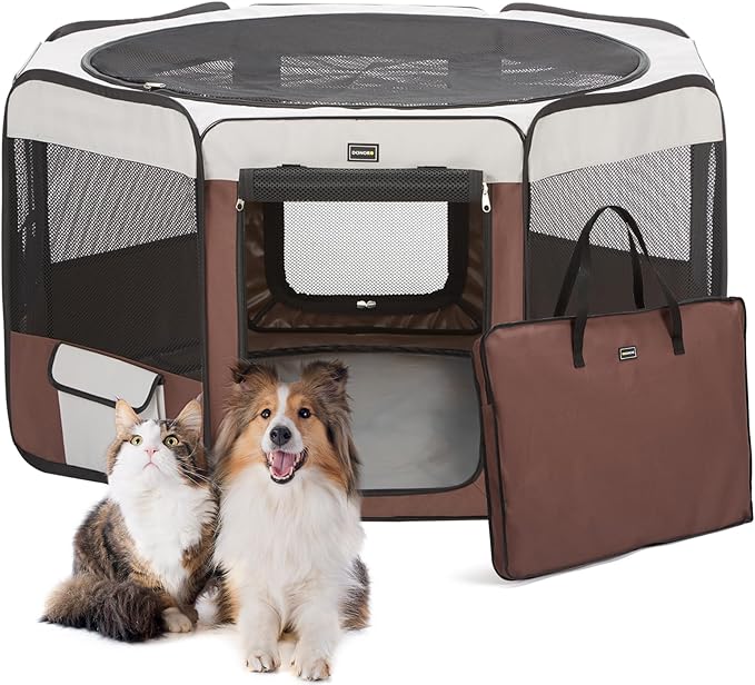 DONORO Dog Playpen Portable Pet Play Pens for Small Dog/Cat/Rabbit/Chicks, Cat Playpen Indoor/Outdoor with Carring Case, Removable Zipper Top and Bottom (Brown, Small (28"x28"x14"), 8)-PawvioPets