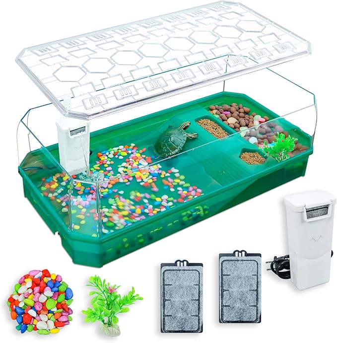Aquatic Turtle Tank Habitat Kit Stone+Filter+Heat Lamp Enhancing Interaction with 360° Viewing, Standalone Filtration, DIY Creative Zone, Enriched Living (Green, XL[Without Light])-PawvioPets