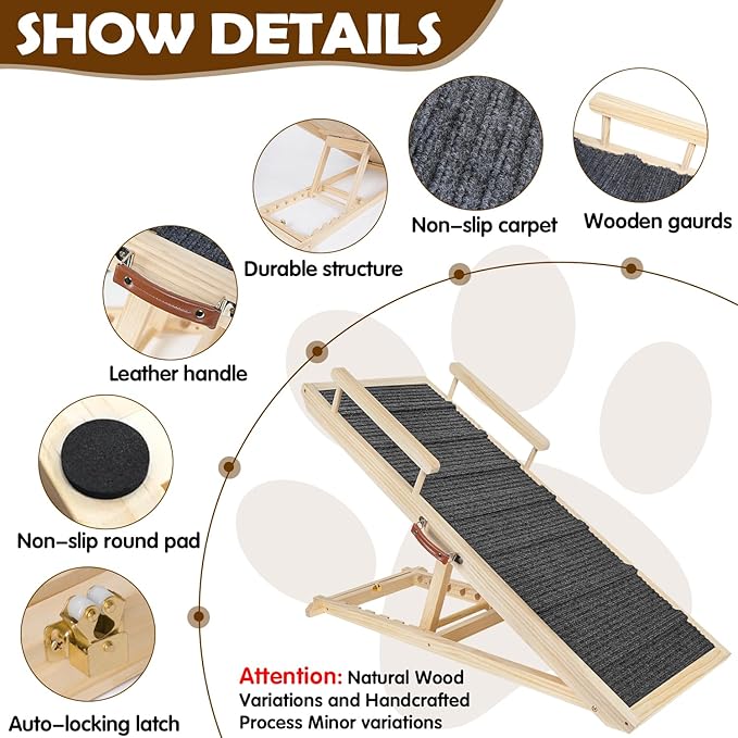 Dog Ramp for Couch, Bed or Car, Wooden 44" Long Pet Stairs for Small & Large Old Dogs & Cats, Hold up to 200lb, 5 Adjustable Height from 14.96" to 22", Portable Doggie Steps, Excellent Traction-PawvioPets