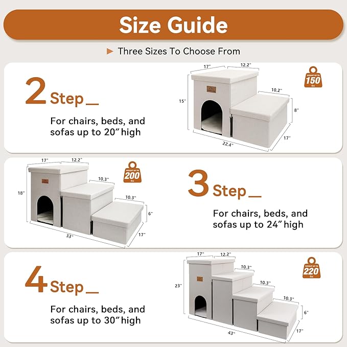 Dog Stairs with Condo 18" H, 3-Step Wider Dog Steps for High Beds Couch, Folding Storage Pet Stairs Gift for Small/Medium/Large Old Dogs Cats, Ramp for Climbing Car Up to 200 lbs, Beige-PawvioPets