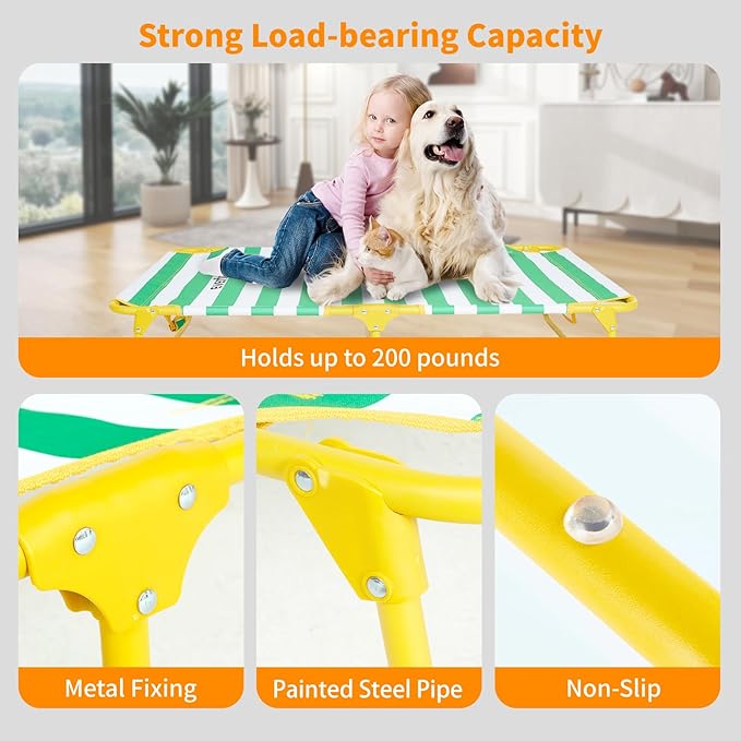 Dog Elevated Bed Foldable Portable Raised Bed Camping cot Outdoor Summer Dog Bed (Medium, GreenStripes-Oxford Fabric)-PawvioPets