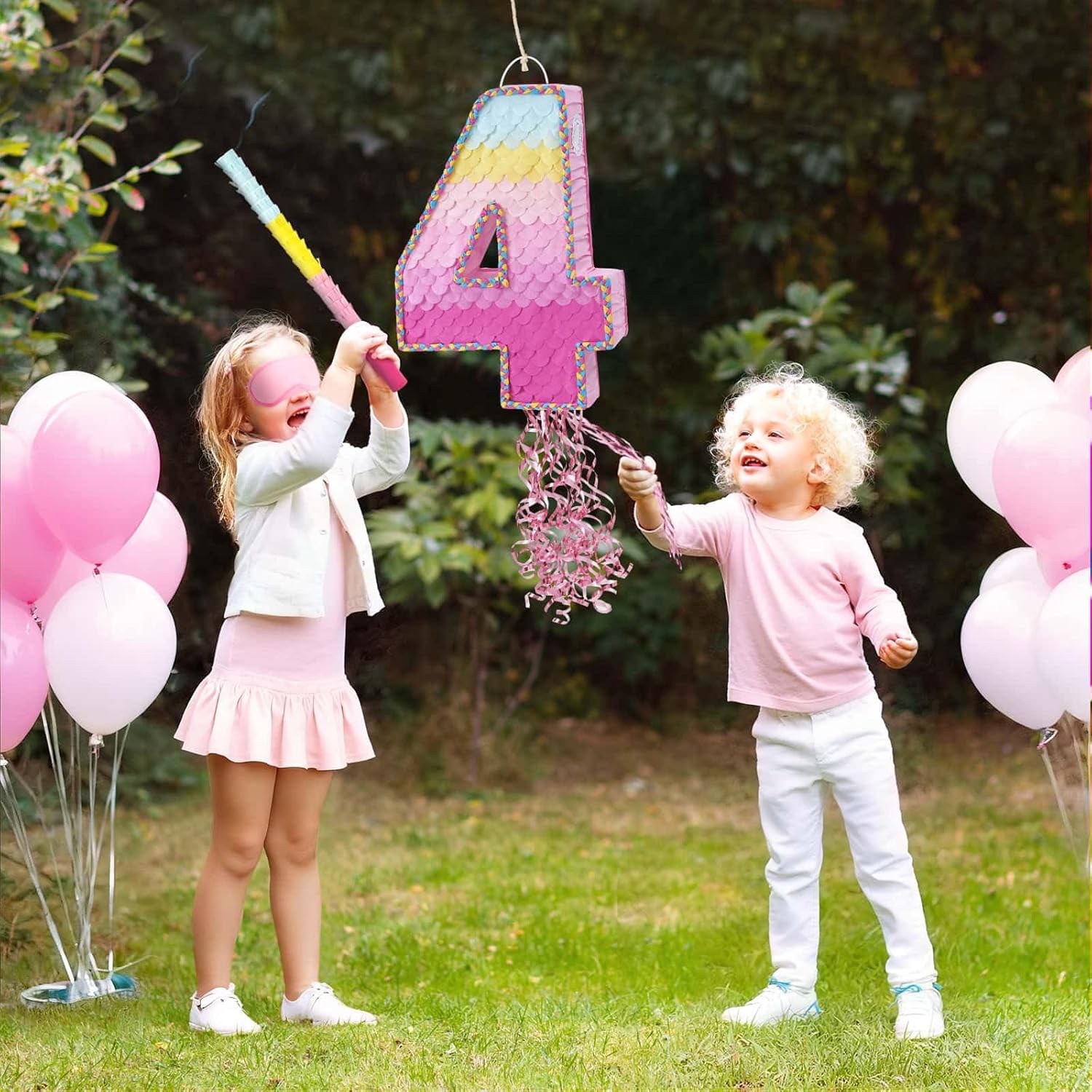 WERNNSAI Pink Sweet Four Pinata - Number 4 Pinata Happy Birthday Decoration Pink Rainbow Design Party Games for Girl Princess Baby Shower Party Favor with Blindfold Anniversary Celebration Supplies