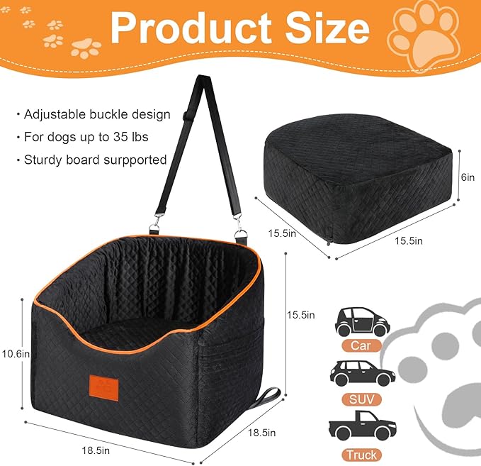 Dog Car Seat for Small Dogs, Memory Foam Booster Dog Seat for Dogs up to 35 lbs, Elevated Pet Car Seat with Washable Removable Cover, Storage Pockets (Black)-PawvioPets