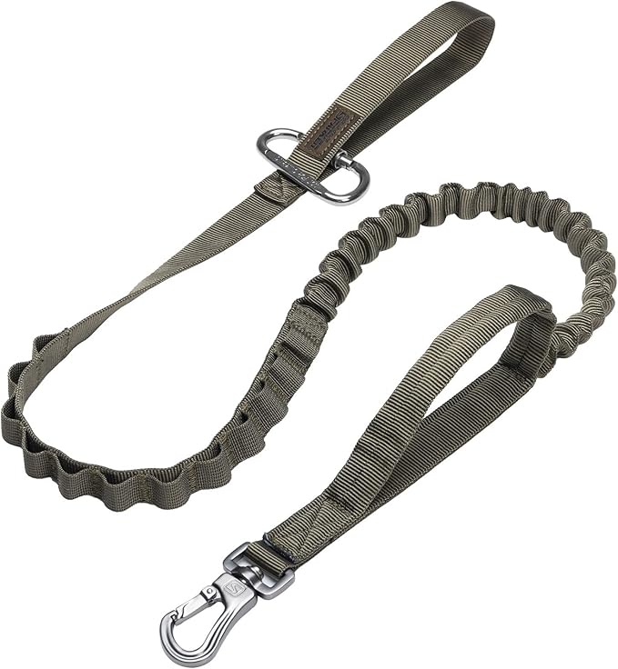 Excellent Elite Spanker Tactical Bungee Dog Leash Military Adjustable Dog Leash Quick Release Elastic Leads Rope with 2 Control Handle(Ranger Green)-PawvioPets