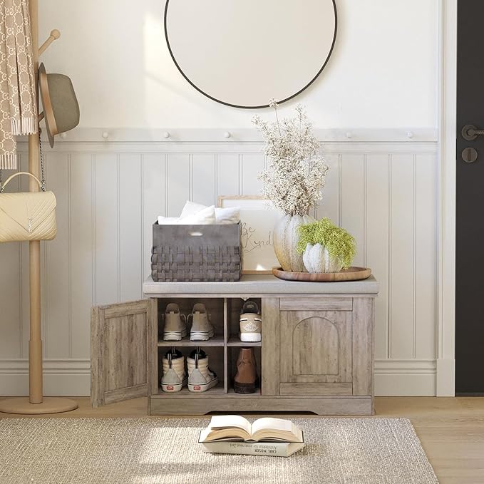 DINZI LVJ Shoe Bench, Entryway Storage Bench with Doors, Cushion, 2-Tier Shoe Rack with 6-Cubby, 31.5”L x 13.8”W Shoe Organizer Cabinet, Adjustable Shelf, Living Room, Bedroom, Greige-PawvioPets