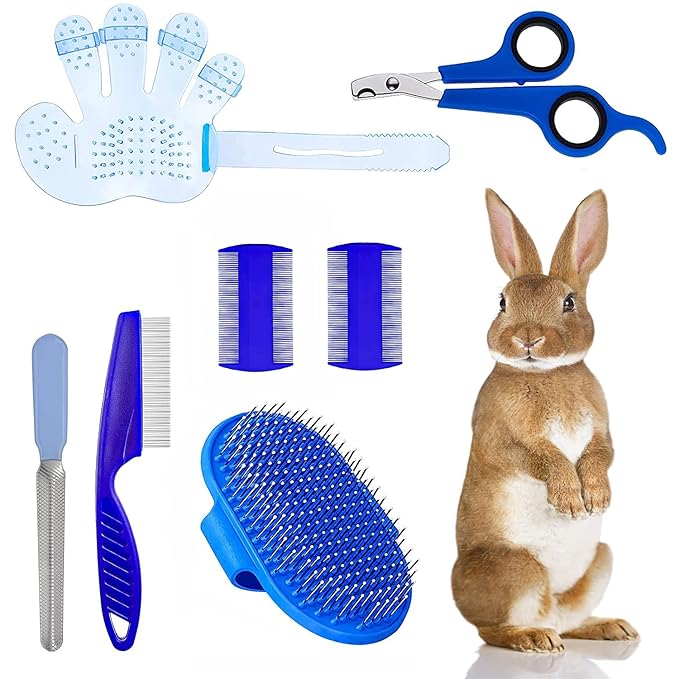7-Piece Small Pet Grooming Kit with Brush, Nail Clippers, and Adjustable Strap for Rabbits, Hamsters, Guinea Pigs (Blue)-PawvioPets