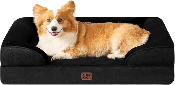 EHEYCIGA Orthopedic Dog Beds for Large Dogs, Waterproof Memory Foam Large Pet Bed with Sides, Non-Slip Bottom and Egg-Crate Foam Dog Couch Bed with Washable Removable Cover, Black-PawvioPets