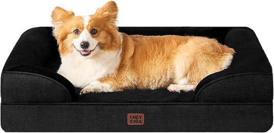 EHEYCIGA Orthopedic Dog Beds for Large Dogs, Waterproof Memory Foam Large Pet Bed with Sides, Non-Slip Bottom and Egg-Crate Foam Dog Couch Bed with Washable Removable Cover, Black-PawvioPets