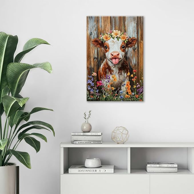 Funny Cow Bathroom Pictures Wall Art, Rustic Brown Cute Cow Bathroom Wall Decor, Farmhouse Floral Framed Painting Animal Flower Canvas Artwork for Bedroom Living Room Decorations 24"L x 16"W-PawvioPets