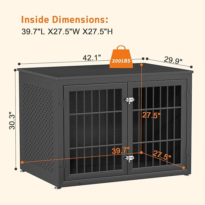 42" Heavy Duty Dog Crate Furniture for Large and Medium Dogs, Enclosed Design Wooden Metal Kennel, Wooden Cage Furniture Indoor, Decorative Dog Kennel End Table-PawvioPets