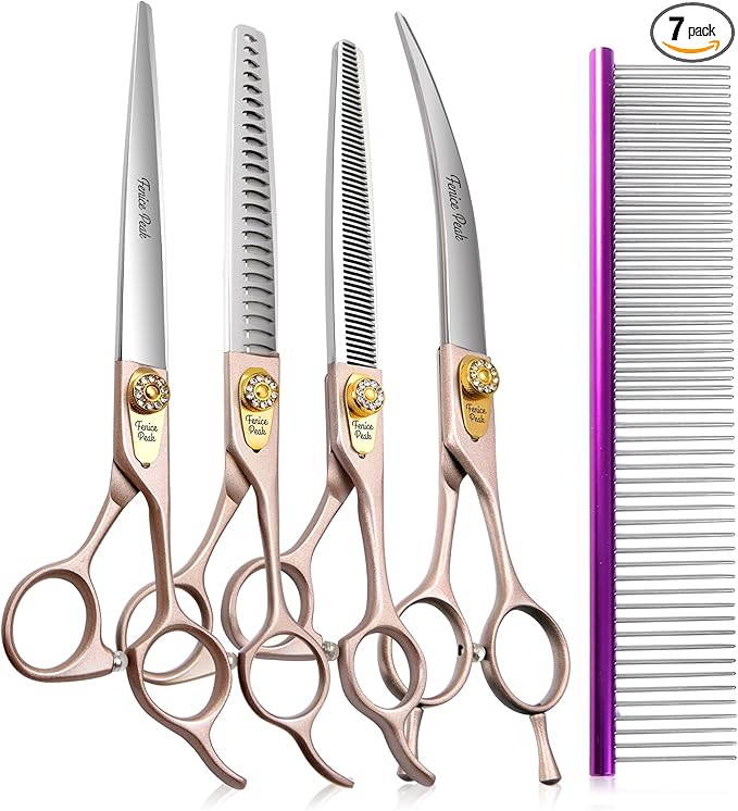 Fenice Peak 7.5‘’ Professional Dog Grooming Scissors Set Rose Gold 440C Stainless Steel Straight Thinning Curved Chunker Shears 4pcs Set for Pet Grooming Services Dogs and Cats-PawvioPets