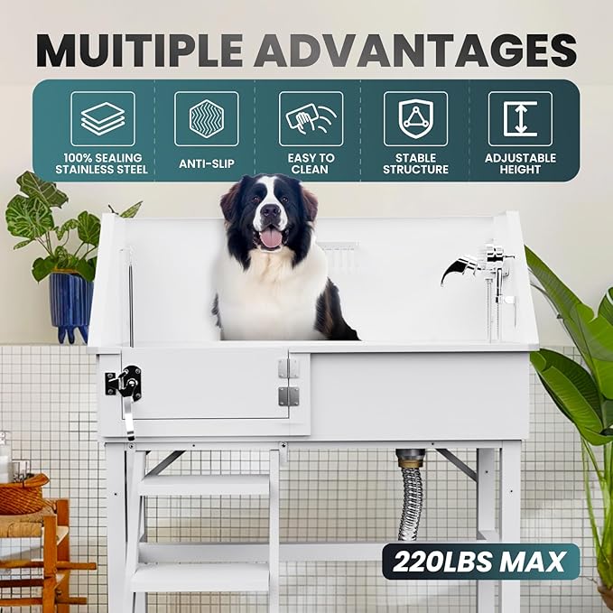 38" Dog Washing Station, Professional Stainless Steel Dog Bathing Station Dog Bathtub for Large & Medium Dog, Height Adjustable Dog Grooming Tub with Storage Basket, Movable Stair (Left Stair)-PawvioPets