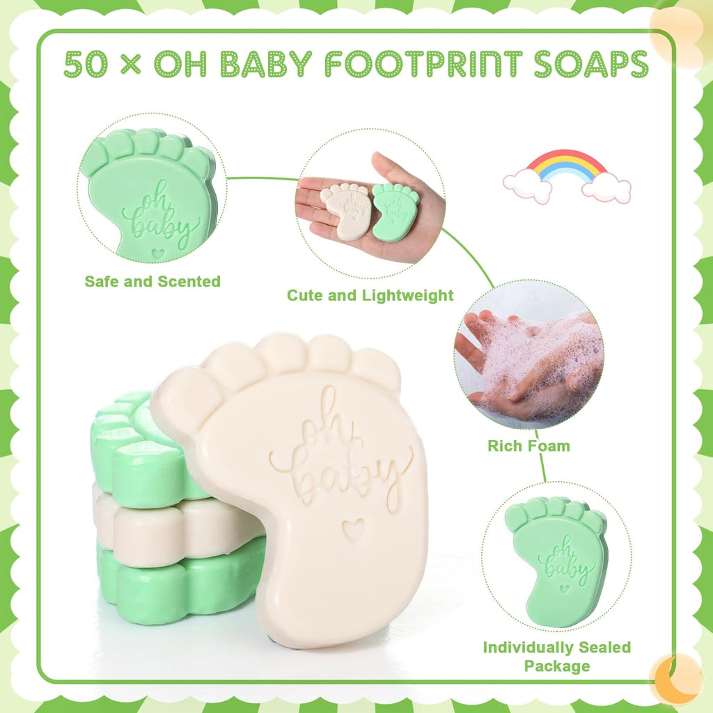 50 Sets Baby Shower Soap Favors for Guests - Mini Handmade Footprint Scented Soap with Thank You Cards and Organza Bag, Party Gifts for Gender Reveal Baptism Shower(Gray and Light Green)