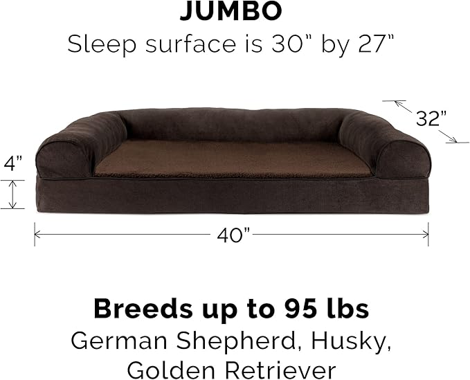 Furhaven Orthopedic Dog Bed for Large Dogs w/ Removable Bolsters & Washable Cover, For Dogs Up to 95 lbs - Sherpa & Chenille Sofa - Coffee, Jumbo/XL-PawvioPets