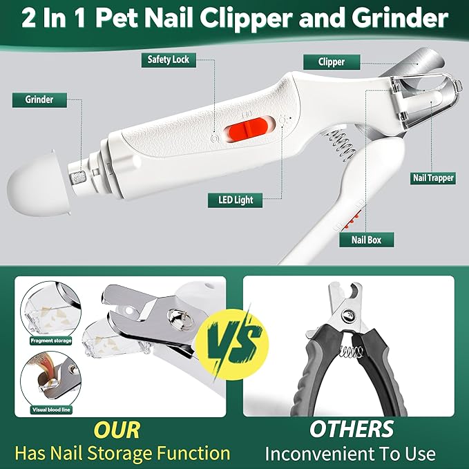 2 in 1 Dog Nail Clippers and Grinder with Lights & Cat Nail Clipper for Large Medium Small Dogs Cats Nail Trimmers USB Rechargeable with 2 LED Lights Dog Claw Care for Non-Black Nails-PawvioPets