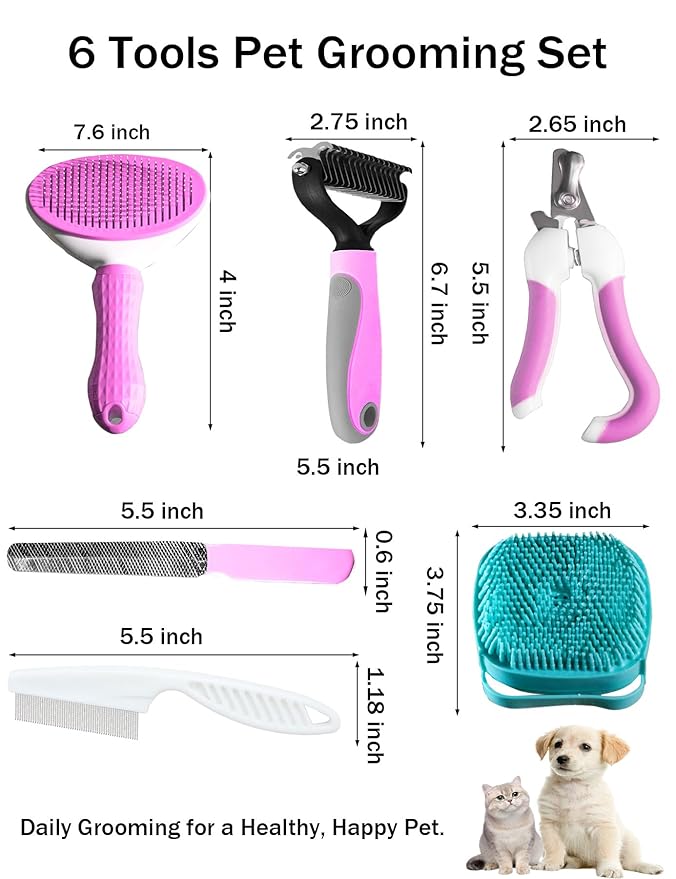 6ps Dog Cat Brush Grooming Kitf, Dog Cat Brushes, Bath Brush, Dematting Rake and Comb, Nail Clipper, Nail File, Flea Comb (Pink 6 Kits)-PawvioPets