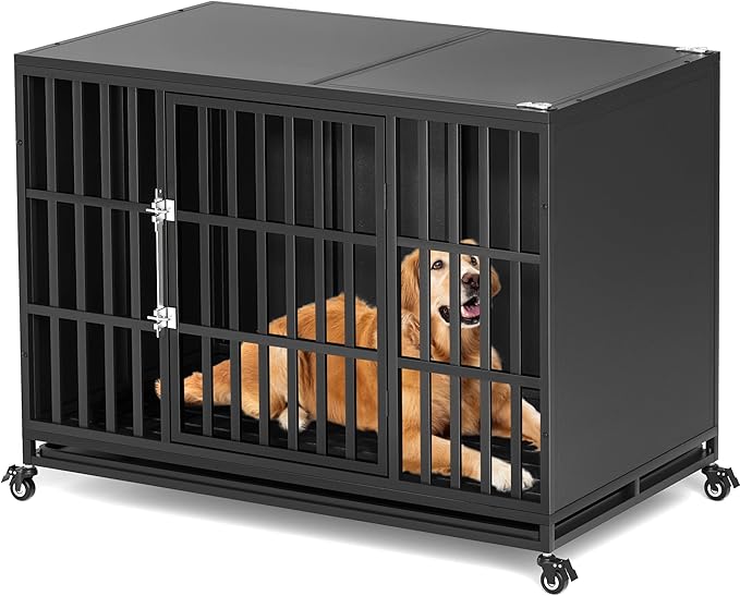48 inch Heavy Duty Dog Crate with Self-Locking Latch, Indestructible Large Steel Kennel with Enclosed Design, Escape-Proof and Chew-Proof Pet Cage for High Anxiety Dogs-PawvioPets