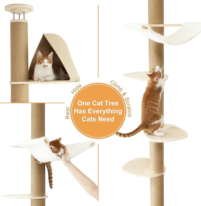 FUKUMARU Floor to Ceiling Cat Tree, 6 Level Adjustable Height (6-10 ft) Climbing Tower with Thickened Scratching Posts, Cats Activity Center with Cozy Hammock - Beige-PawvioPets
