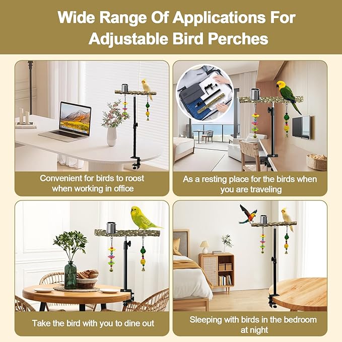 18-27 Inch Height Adjustable Bird Perch Pepper Wood Desktop Bird Training Perch Stand with Feeding Cups and Swing Toy Parakeet Perches Indoor and Outdoor Parrot Stand for Small to Medium Birds-PawvioPets