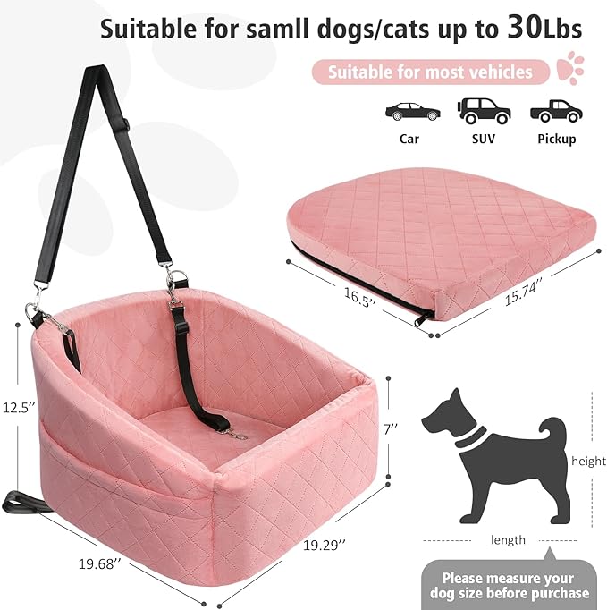 Dog Car Seat for Small Medium Dogs,Detachable Washable Dog Booster Seat Under 30lbs, Pet Car Seats Travel Bed with Storage Pockets and Safety Belt(Pink)-PawvioPets