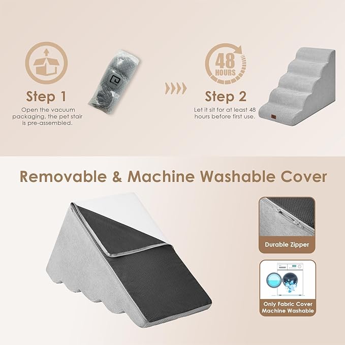 EHEYCIGA Curved Dog Stairs Ramp for High Beds, 5-Step Extra Wide Dog Steps for Small Dogs and Cats, Pet Stairs for High Bed Climbing, Non-Slip Balanced Pet Step Indoor, Light Grey-PawvioPets