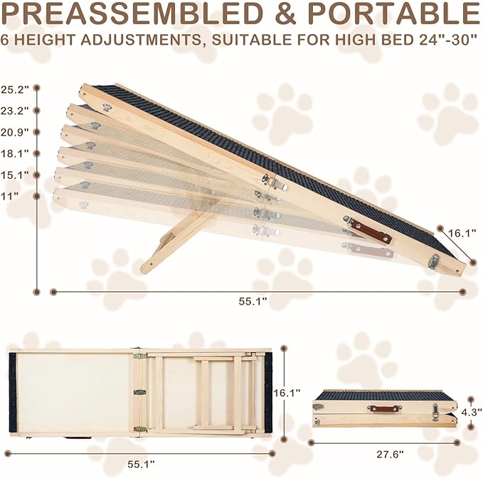 Folding Dog Ramp Safety, Wooden Adjustable Height Pet Ramps, Potable Dog Steps with Non-Slip Traction Mat, Dog Step for Bed, Dogs Stairs for SUV Car, Couch, Safe,Height Bed-PawvioPets