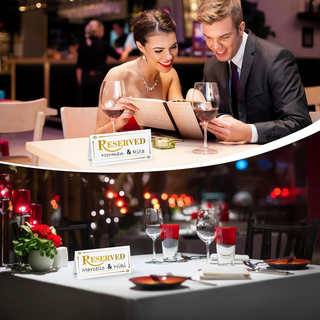 300 Pcs Paper Table Reserved Sign with Name Line Reserved Seating Signs Bulk Double Sided Signs for Reserving Seats Restaurant Wedding Reception Church Board Business Meeting (White Gold)