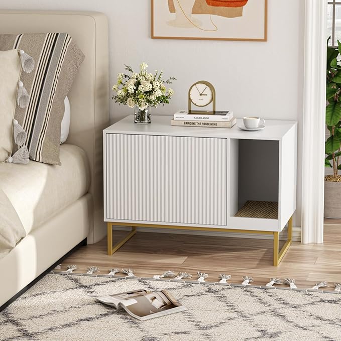 Cat Litter Box Enclosure, Fluted Hidden Litter Box Furniture with Scratch Pad and Metal Legs, Modern Enclosed Cat Cabinet, 31.5 x 17.7 x 21.7 Inches Indoor Pet House for Living Room, Washroom, White-PawvioPets