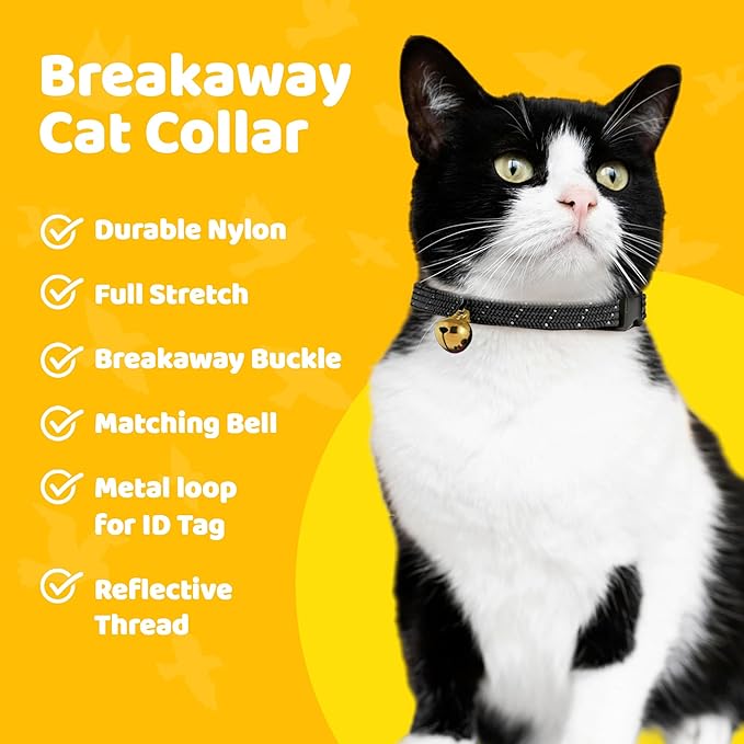 BirdsBeSafe® Break Away Cat Collar with Bell, Reflective Thread for Night Visibility, Comfortable Elastic Stretch Cat Collar to Protect Cat from Getting Stuck in The Garden.-PawvioPets