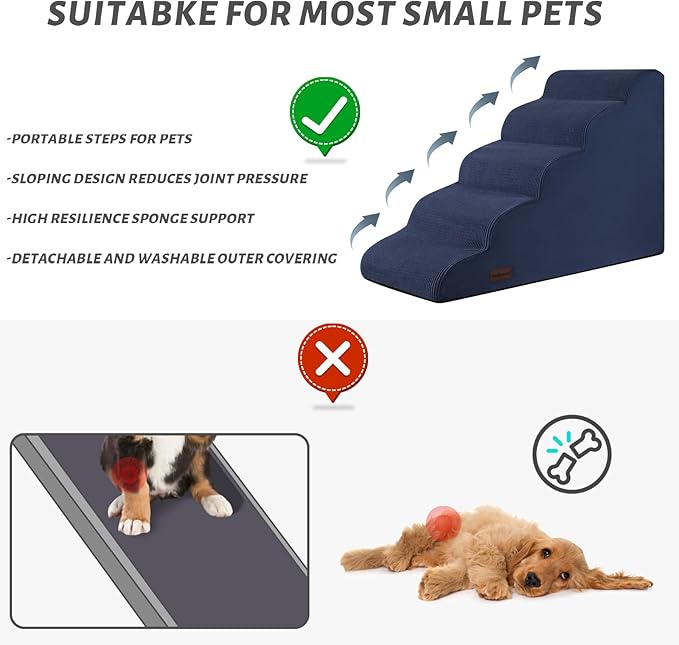 5-Step Dog Stairs and Ramp for High Bed, Non-Slip Sturdy Pet Steps for Small Dogs and Cats,22.2" H,Blue-PawvioPets