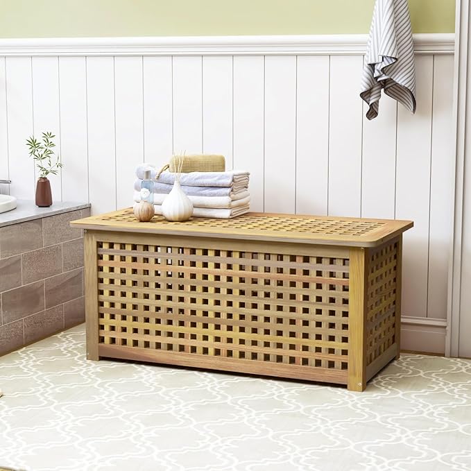 Bench with Storage, Acacia Laundry Hamper with Seat, Storage Benches with Seating for Entryway, Living Room, Bedroom, Bathroom (15.7x38.6x17.7in)-PawvioPets