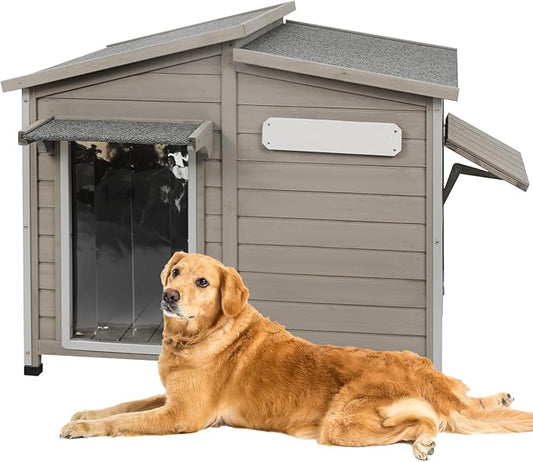 43" L Outdoor Extra Large Dog House with Removable Floor, Raised Feet, Anti-Chewing Iron Frame – Wooden Kennel with Asphalt Roof, Window for Indoor/Outdoor Use, Ideal for Medium to Large Dogs-PawvioPets