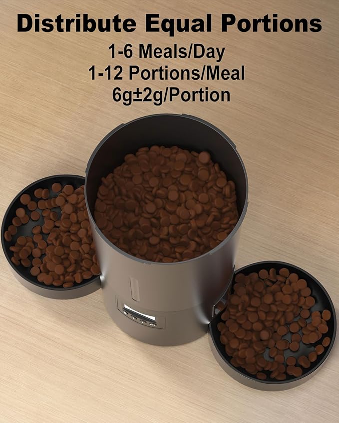 Automatic Dual Cats Feeder for 2 Cats,6 Meals/Day,12 Portions/Meal,Dual Power Auto Pet Feeder Dry Food Dispenser,Flexible Schedule Timer 10S Voice Record (Black, ABS Dual Bowls)-PawvioPets