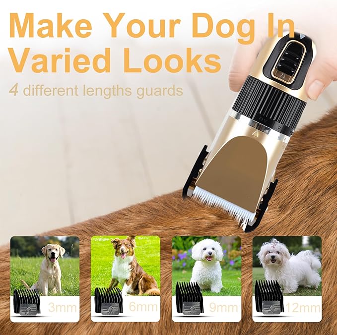 Dog Pet Grooming Kit Low Noise - Cordless Rechargeable Clippers for Dogs/Cats - Upgraded Accessory Version with Two Scissors and a Storage Bag (Gold)-PawvioPets