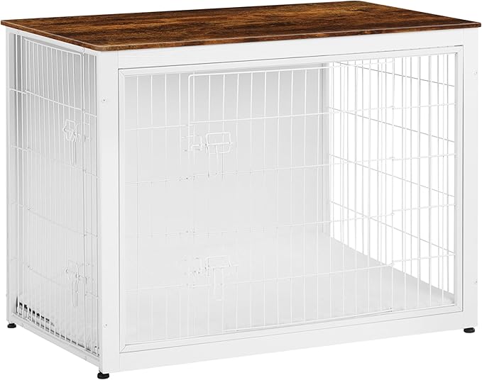 DWANTON Dog Crate Furniture with Cushion, Wooden Kennel Table with Double Doors, Indoor Dog House, Extra Large Size, 43.3" L, White+Rustic Brown-PawvioPets