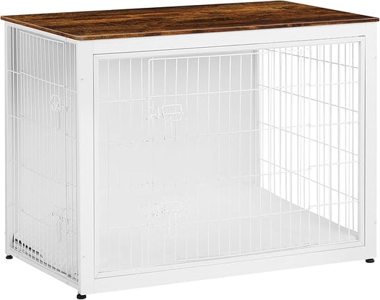DWANTON Dog Crate Furniture with Cushion, Wooden Kennel Table with Double Doors, Indoor Dog House, Extra Large Size, 43.3" L, White+Rustic Brown-PawvioPets