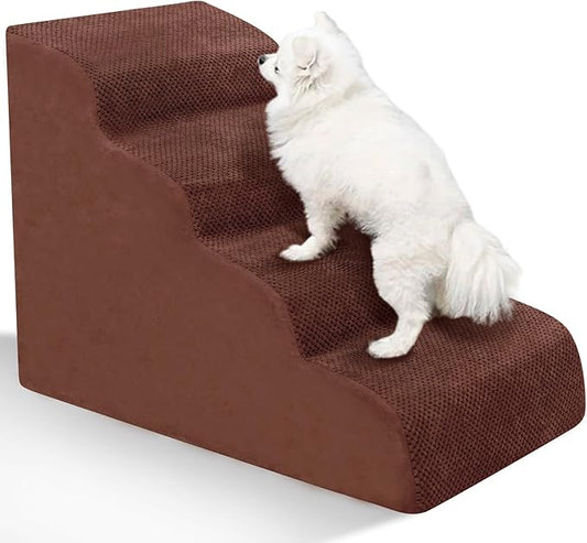Dog Stairs for Small Dogs - High Density Foam Pet Steps, Extra Wide Dog Ramp with Non-Slip Bottom for High Beds, Couch and Sofa, Best for Dogs Injured, Older Doggy Cats,4 Steps, Brown-PawvioPets